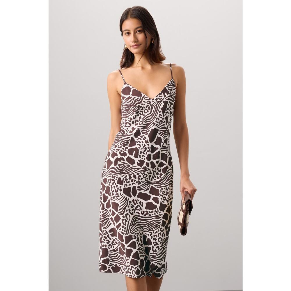 Adam Lippes Animal Print Silk Slip Dress White Brown V-Neck Sleeveless Sz 4‎
